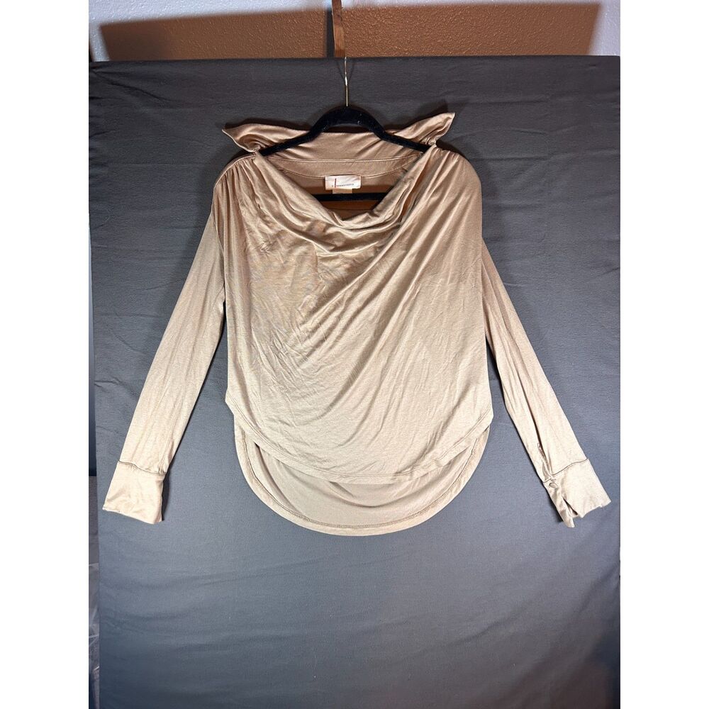 By Anthropologie Viscose Cowl Neck Draped Top Tan Beige XS Long Sleeve Lagenlook